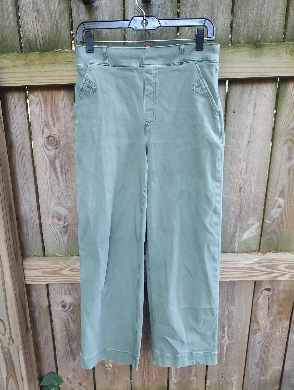 🏵️ Spanx Twill Crop Wide Leg Flap Pocket Green Stretch Pants Medium READ